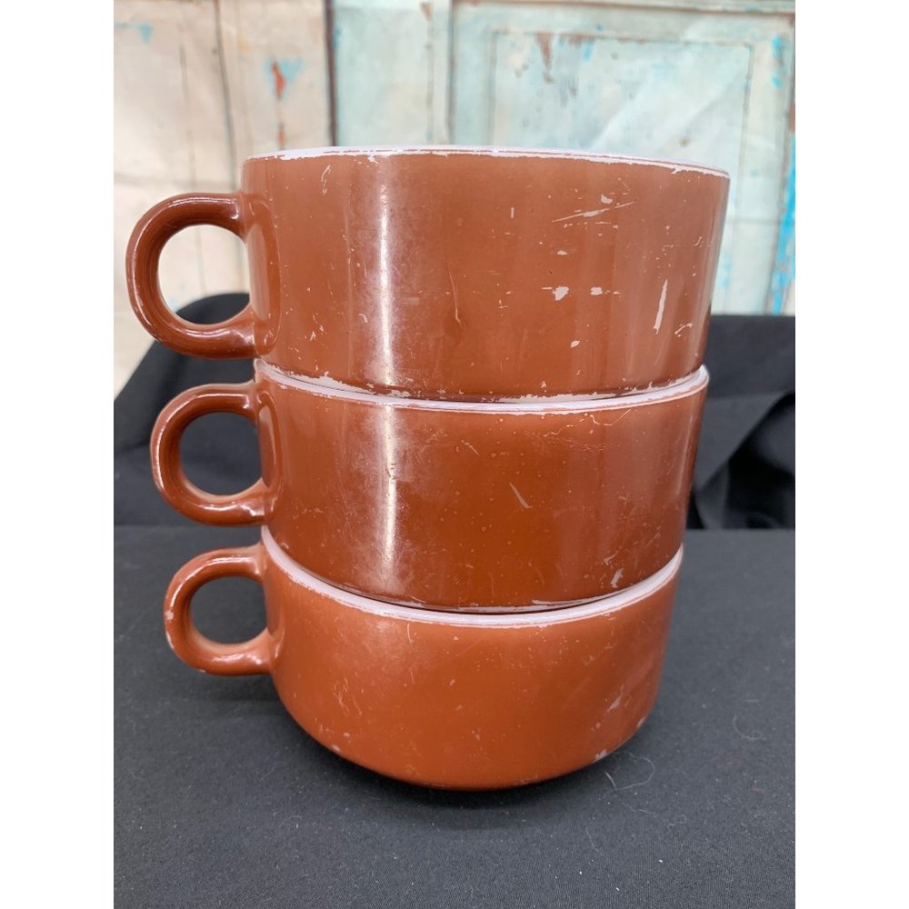 3 GlasBake Vintage Soup Bowls Brown